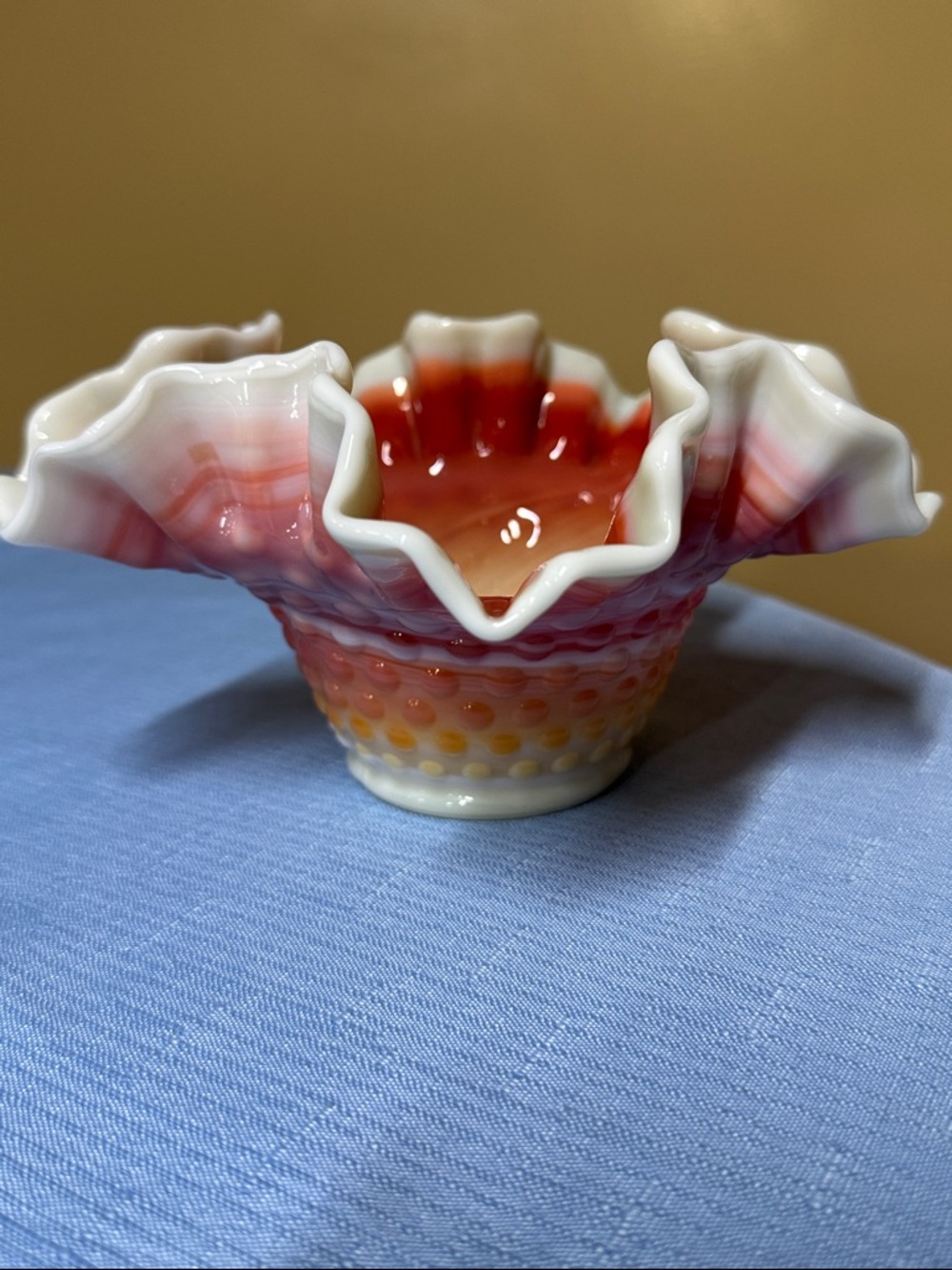 Orange Slag Hobnail Bowl Candy Dish - Ruffled Edge GLOWS 7”